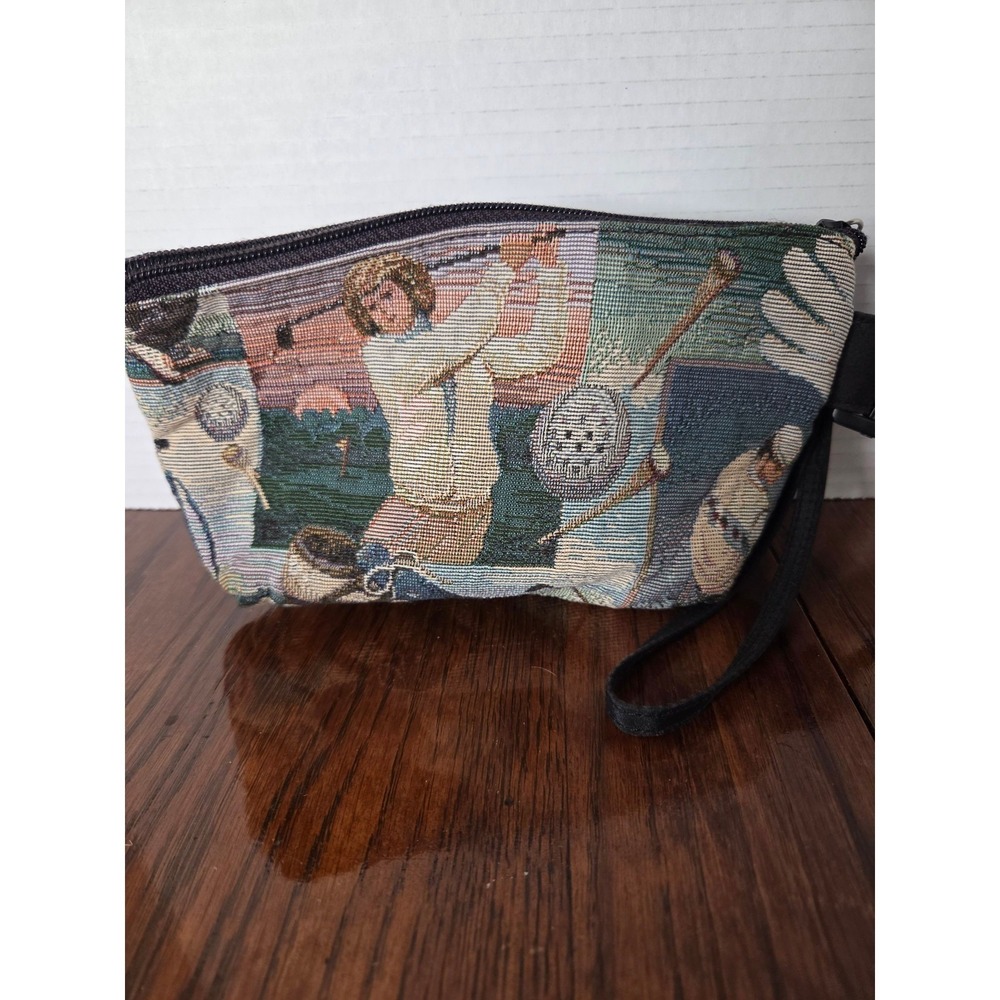 Vintage Golf Tapestry Wristlet Pouch Zippered Accessory Bag w/ Clip Multi-Color